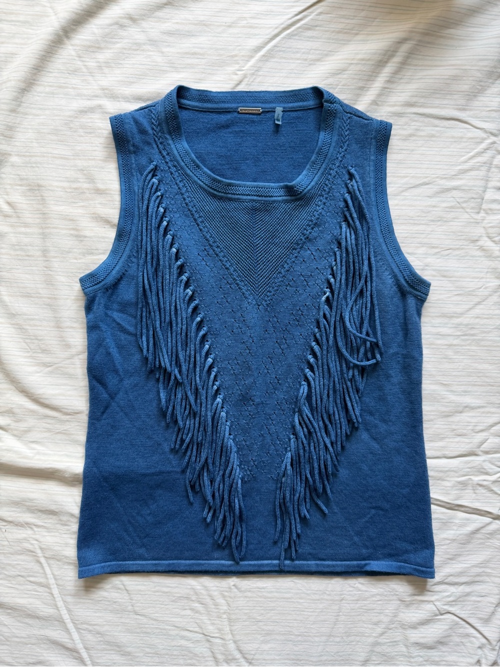Elie Tahari Blue Wool Fringe Sleeveless Sweater Tank Vest size Small